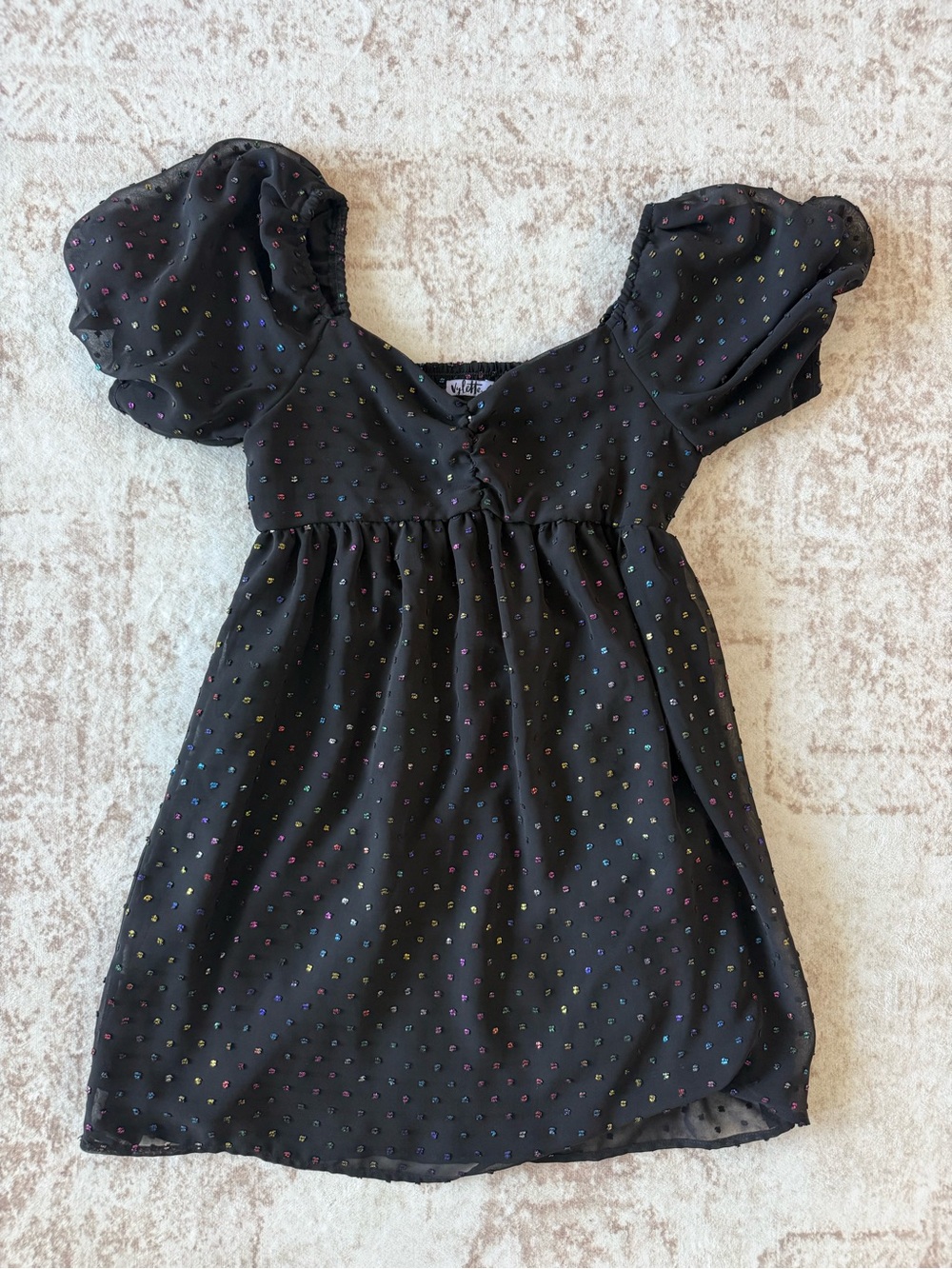 Black Puff-Sleeve Mini Dress with Multicolor Dot Print